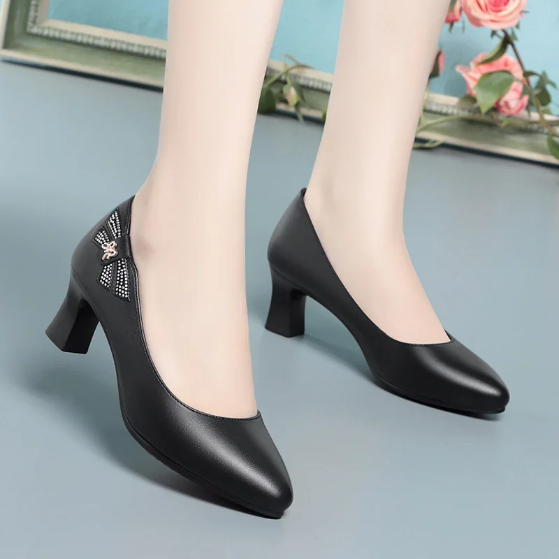 5cm todos os jogos antiderrapante boca rasa preto med bloco sapatos de salto 2025 primavera sapatos de couro macio feminino trabalho de escritório mãe