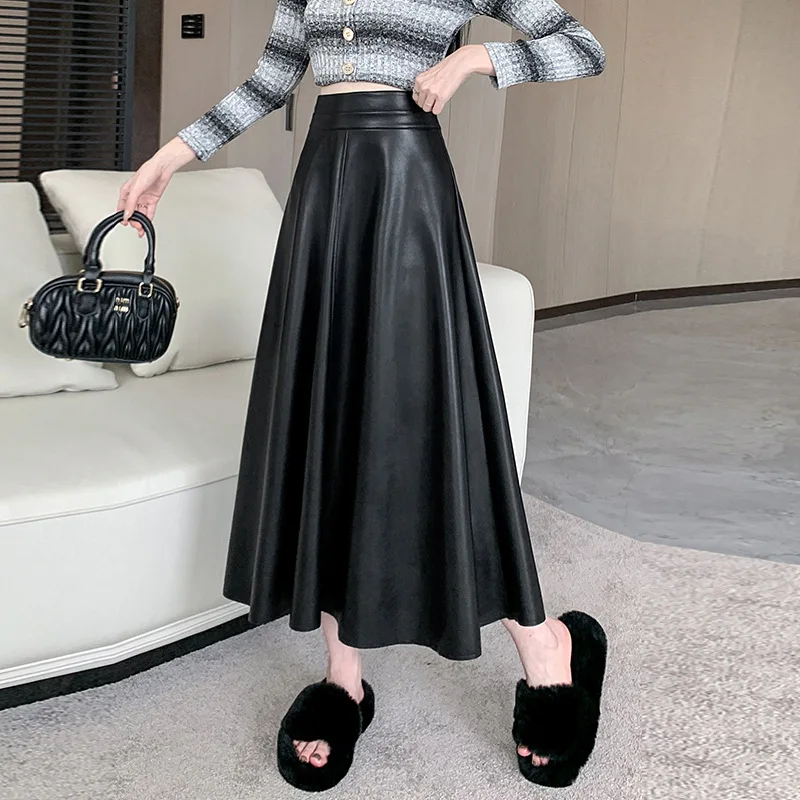 

Black Leather Skirt Half Skirt for Women Autumn Long Spliced Flared A-line Umbrella Bodycon Long Skirt