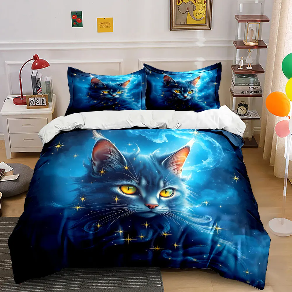 Mystical Cat in Blue Starry Sky Printed Duvet Cover Set1 Duvet Cover+2 PillowcaseMulti Size Bedroom Bedding Decoration