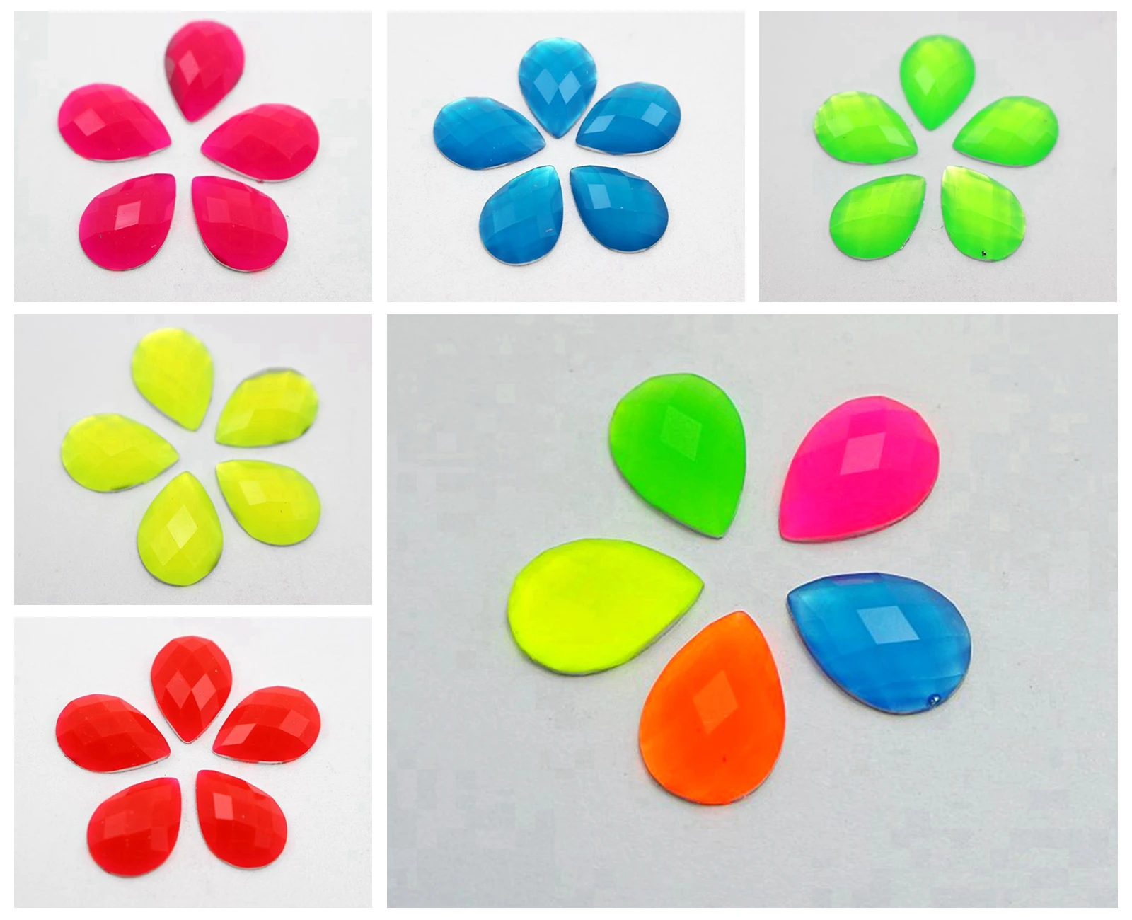 100 Mixed Neon Color Flatback Acrylic Teardrop Rhinestone Gems 10X14mm No Hole
