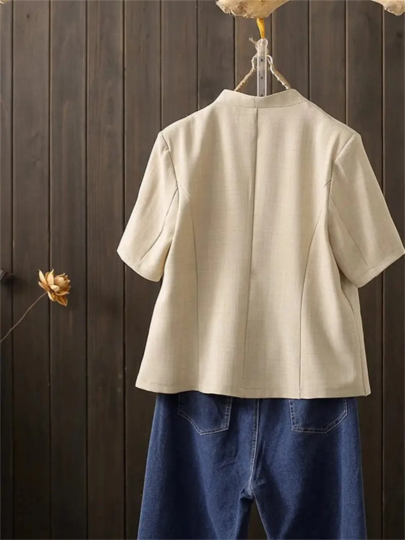 Summer Large Size Collarless Suit Jacket High-End Versatile Professional Casual Short Sleeve Thin Blazer G1127