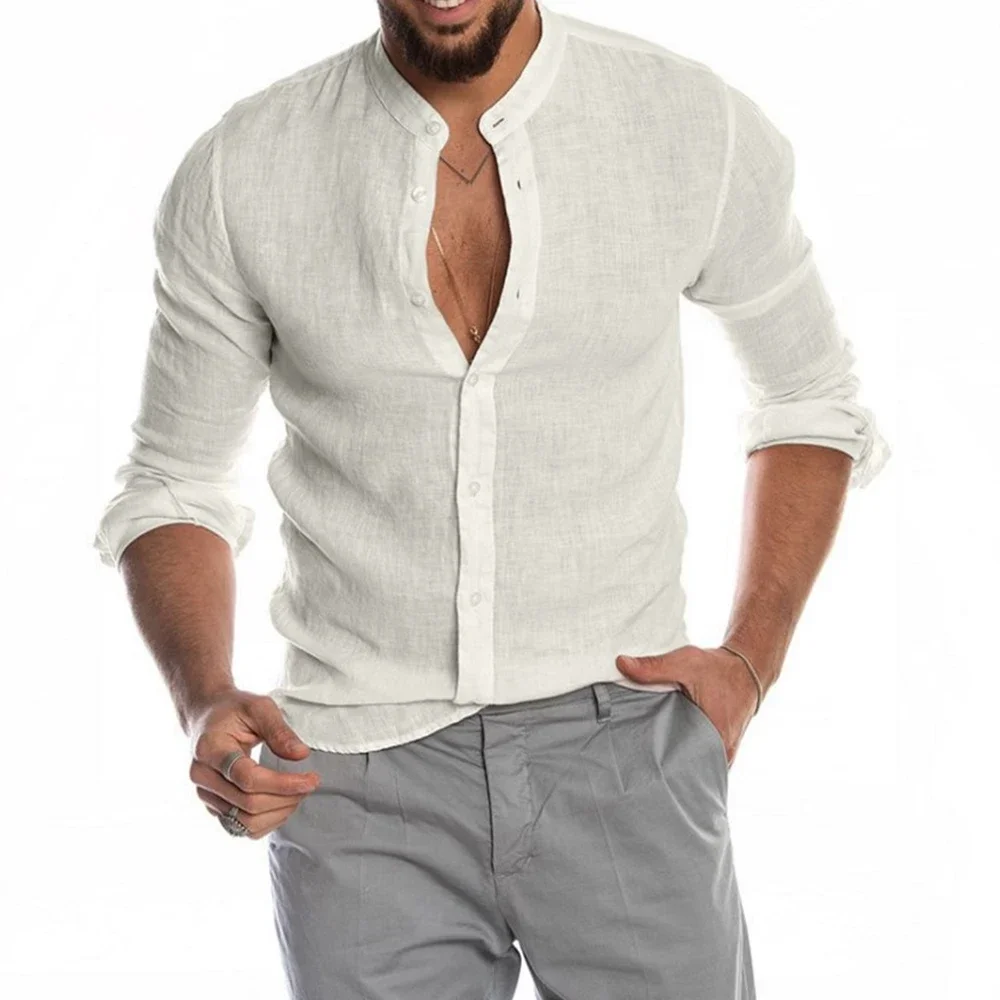 Chemises en coton et lin pour hommes, manches longues, boutonnage simple, boutonnage boutonné, col à revers, bouffant, monochrome, chemisier en Y, vêtements pour hommes