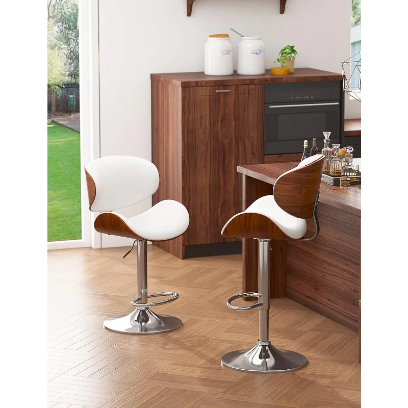 Bar Stools Set of 2, Bentwood Adjustable Height Swivel Bar Stools, PU Leather Upholstered Bar Chair with Back and Footrest