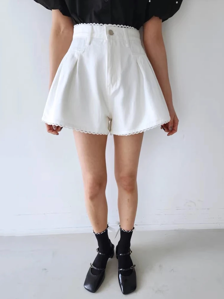 여름 시크 하이웨이스트 와이드 레그 진 반바지 여성용 프레이드 레이스 트림 스플라이싱 플리츠 빈티지룩 데님 반바지