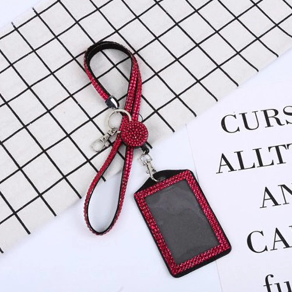 

Badge Holder Rhinestone Lanyard Red Business Card Case Front Window Visibility Business Case Travel Holder