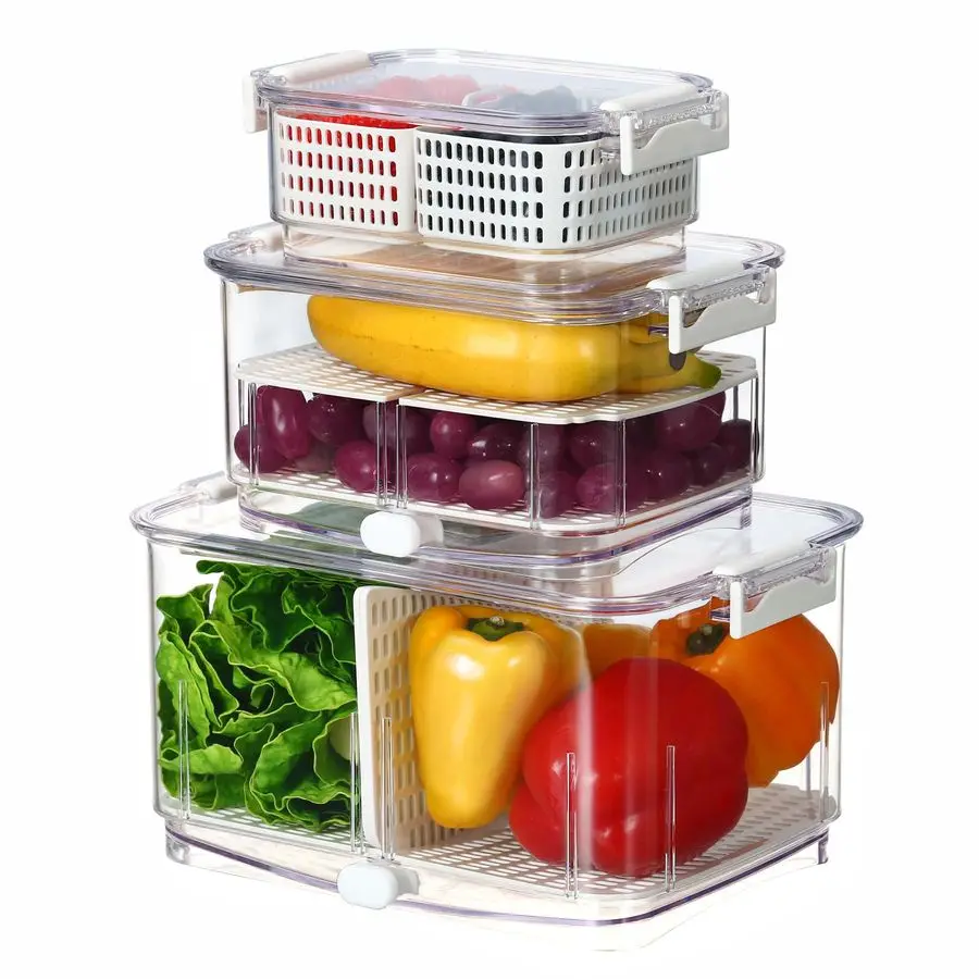 Contenedor Duo para Conservar Frescura de Frutas y Verduras en el Refrigerador, con Ventilación y Drenaje en la Parte Inferior para Lavar, Colador y Almacenamiento