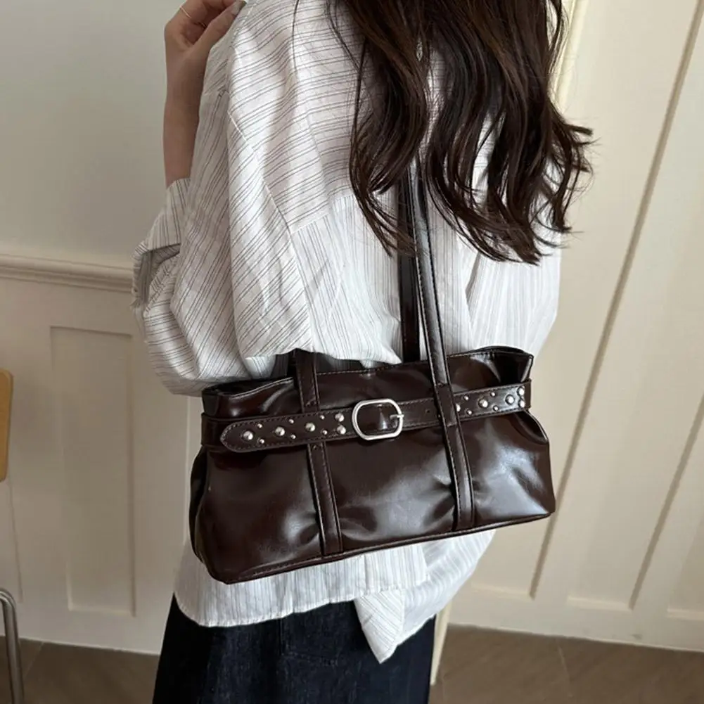 Vintage Motorrad-Gürtelschnallen-Schultertasche für Damen, europäische Retro-PU-Leder-Unterarmtasche, modische Handtasche für Büro und Pendeln – Detail 35