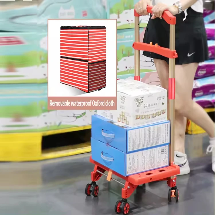 Foldable Push Hand Super Market Plastic Portable Shopping Trolley Bag Cart Shopping Cart Trolley