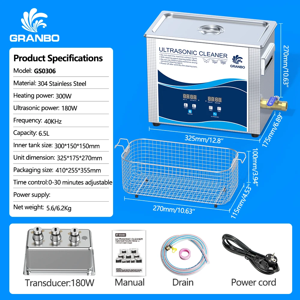 Ultrasonic Cleaner 6.5L 180W Digial Display Heater Timer Degass 40KHz Ultrasound for 3D Models Lab Instruments Bicycle Chains