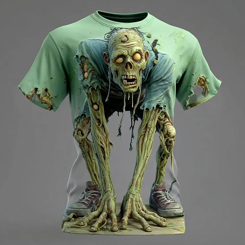 

Halloween Men's Optical Illusion Zombie Short Sleeve 3D Printed Round Neck Shirt Exaggerated Design Horror Party