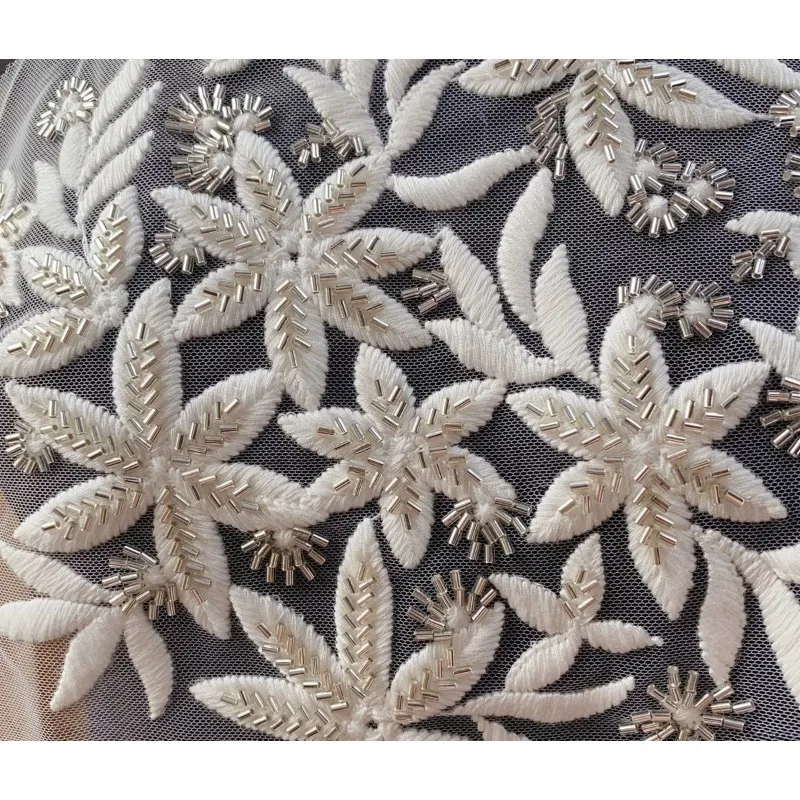 Off White Thick Cotton Silver Beaded Applique Flowers Wedding Dress Decoration Set