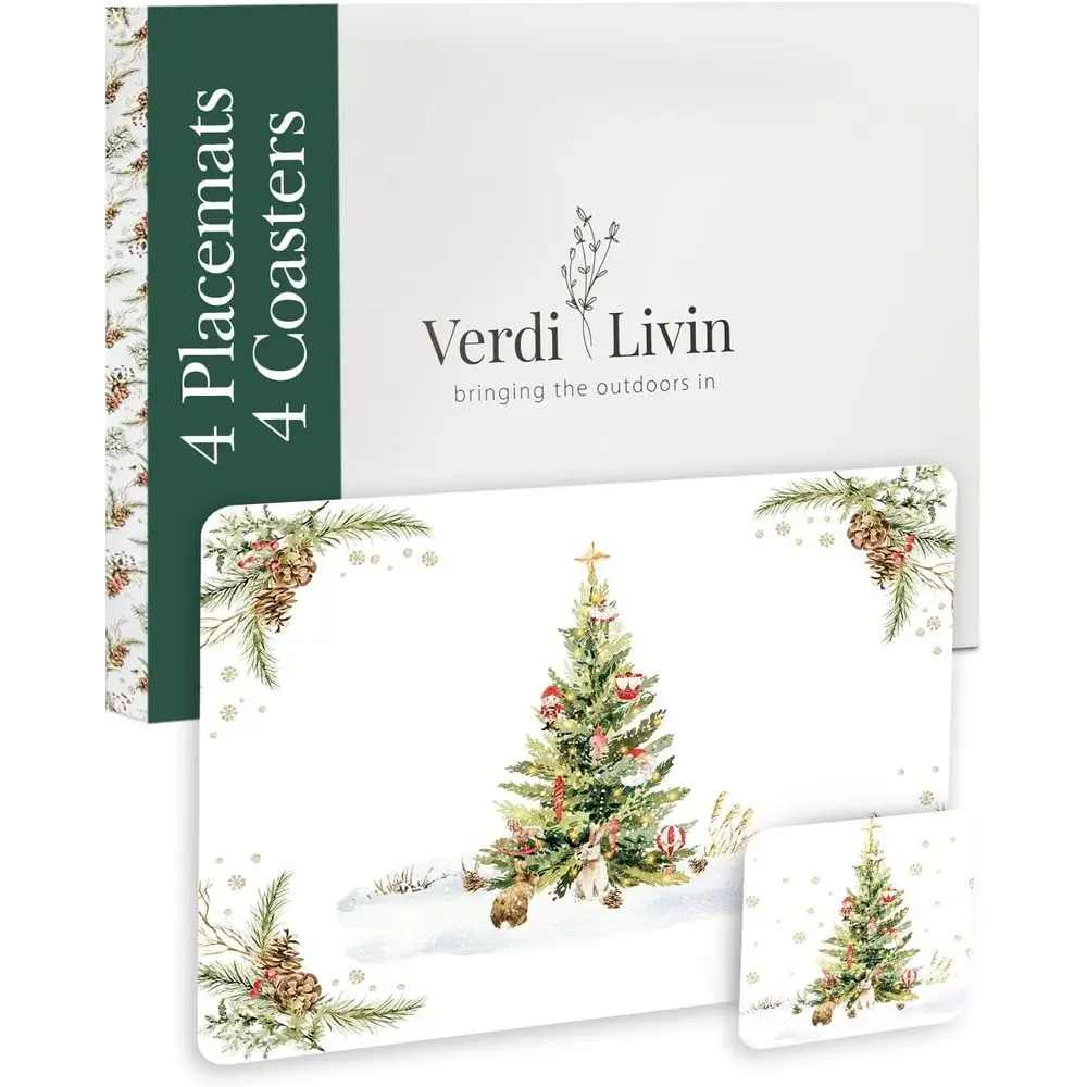 

Набор из 4 термостойких рождественских салфеток с кроликом и подходящими подставками, 16x12 дюймов, пробковой опорой, чистится