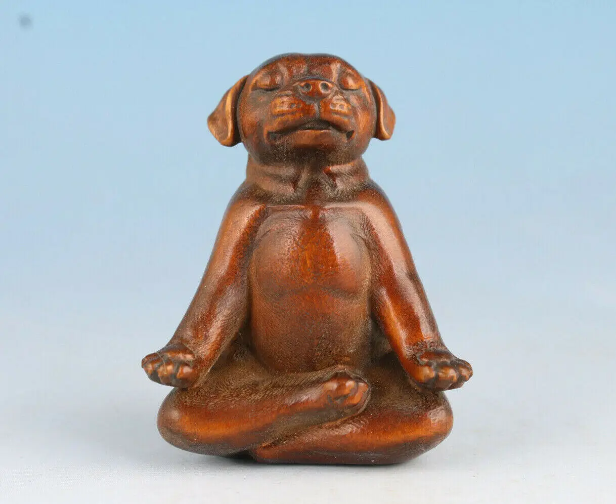 

Japanese Boxwood Collectible Japanese Netsuke Vintage seat dog Statue figure