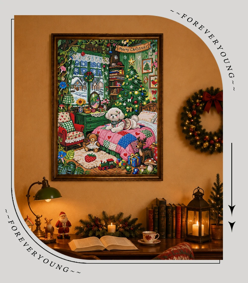 FOREVERYOUNG 5D Diamond Painting Kit, Bichon Christmas House 52×70cm, Square Resin+AB+Fairy Dust Drill, Flocking Canvas DIY. view 5