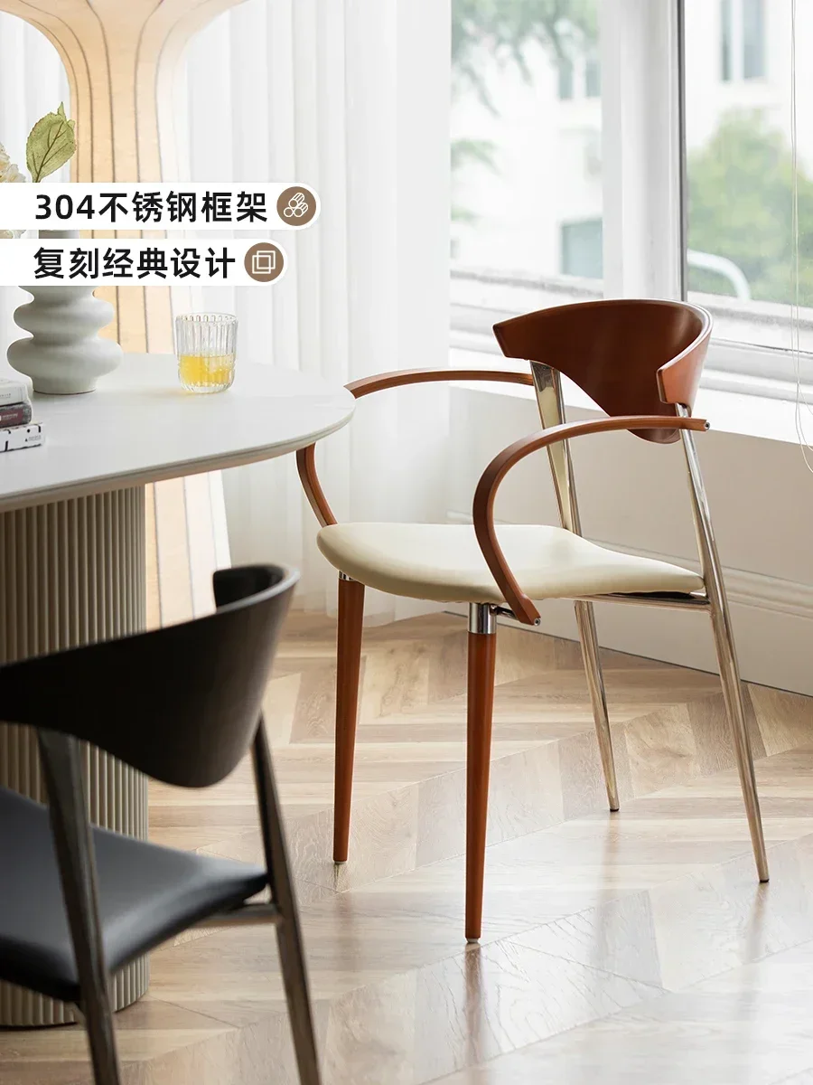 Retro stainless steel dining chair, home wrought iron Nordic simple casual back chair armrest