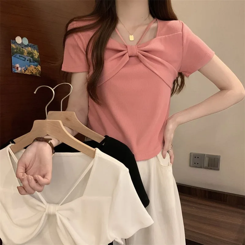 DAYIFUN Ladies‘ Bow Decorative T-shirt Summer Large Size Irregular Neck Short-sleeved Tees Women's Design Short Versatile Tops