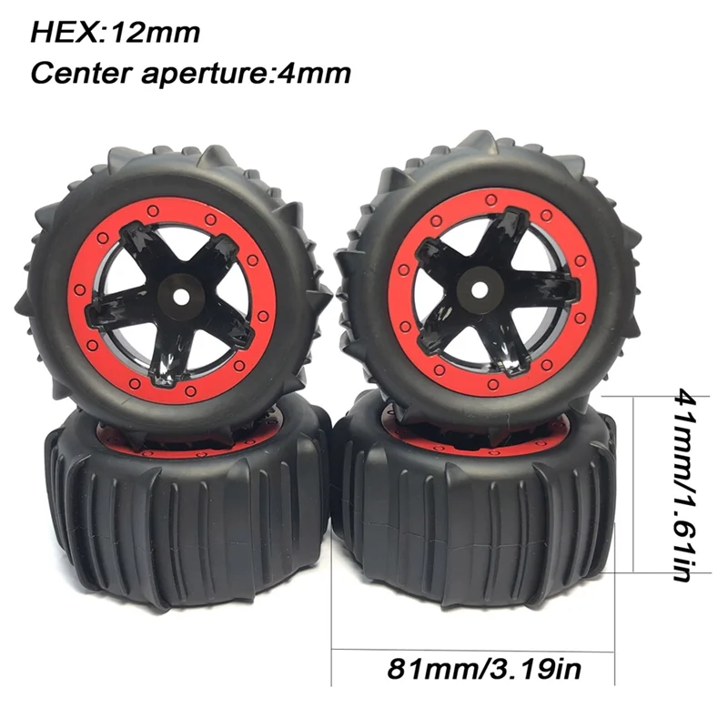 4 peças 1:16 1:14 pás de areia de neve pneus hexagonais 12mm rodas para h16 16889 16890 144001 144010 124016 peças de carro de caminhão off road vermelho