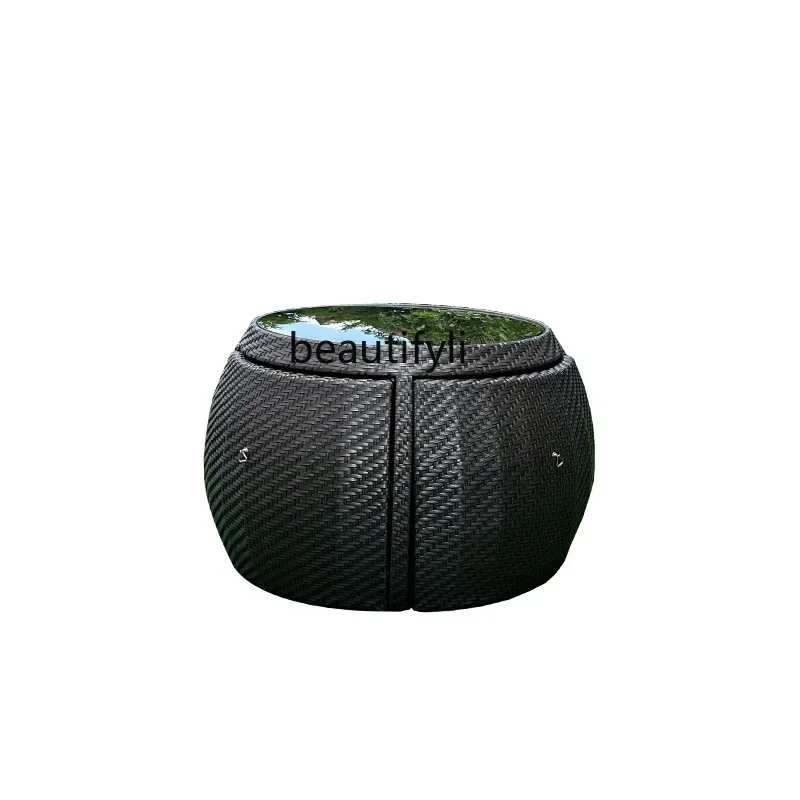 Outdoor splicing storage rattan table and chair combination outdoor garden waterproof sunscreen rattan chair