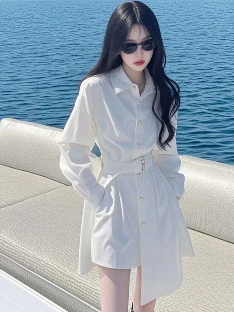 新しいハイエンドファッション不規則なシャツドレス女性ラペル長袖シングルブレストエレガントなオフィスレディ白いドレスとベルト