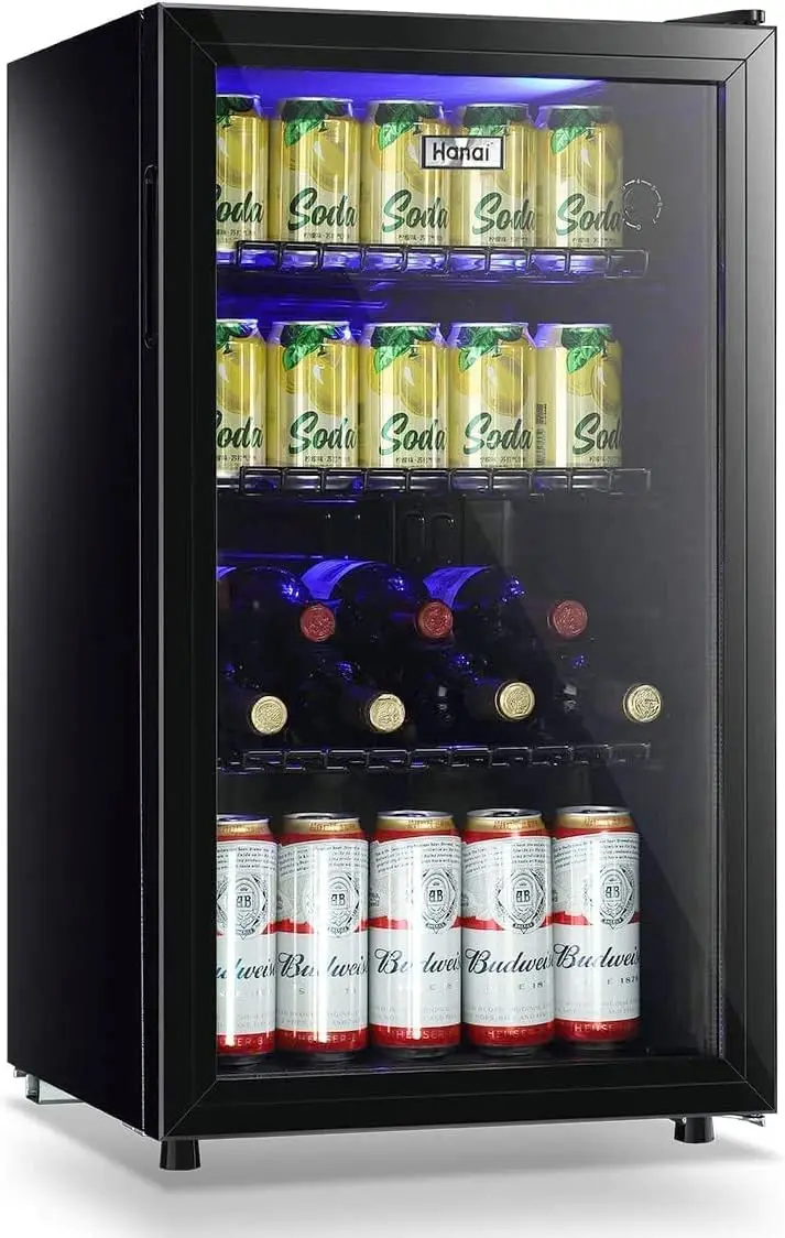 Mini Fridge Glass Door 120 Cans Beverage Refrigerator Small Wine Cooler Clear Front Drinks Fridge for Soda Beer Bar Home Office