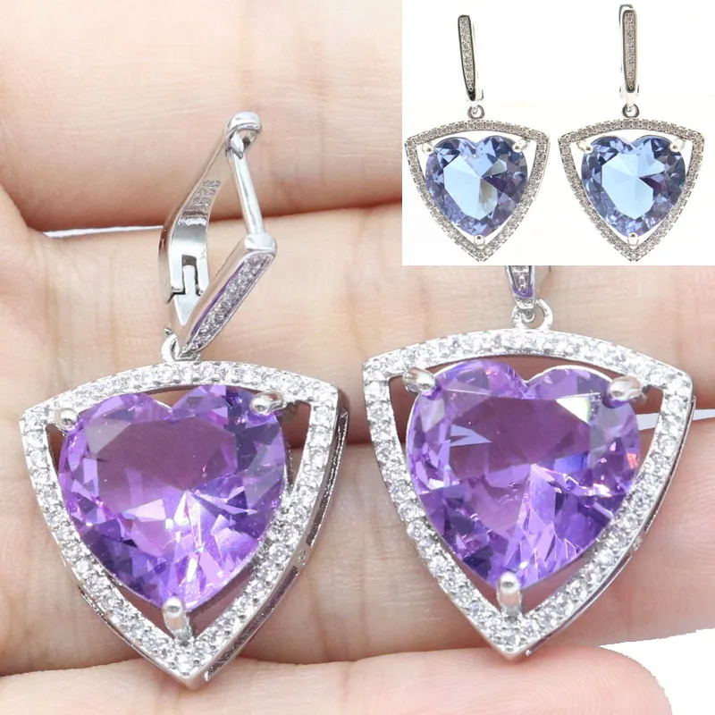 Buy 5 Get 1 Free 40x22mm Big Heart Gemstone Color Changing Alexandrite Topaz Zultanite Pink Kunzite CZ Silver Earrings