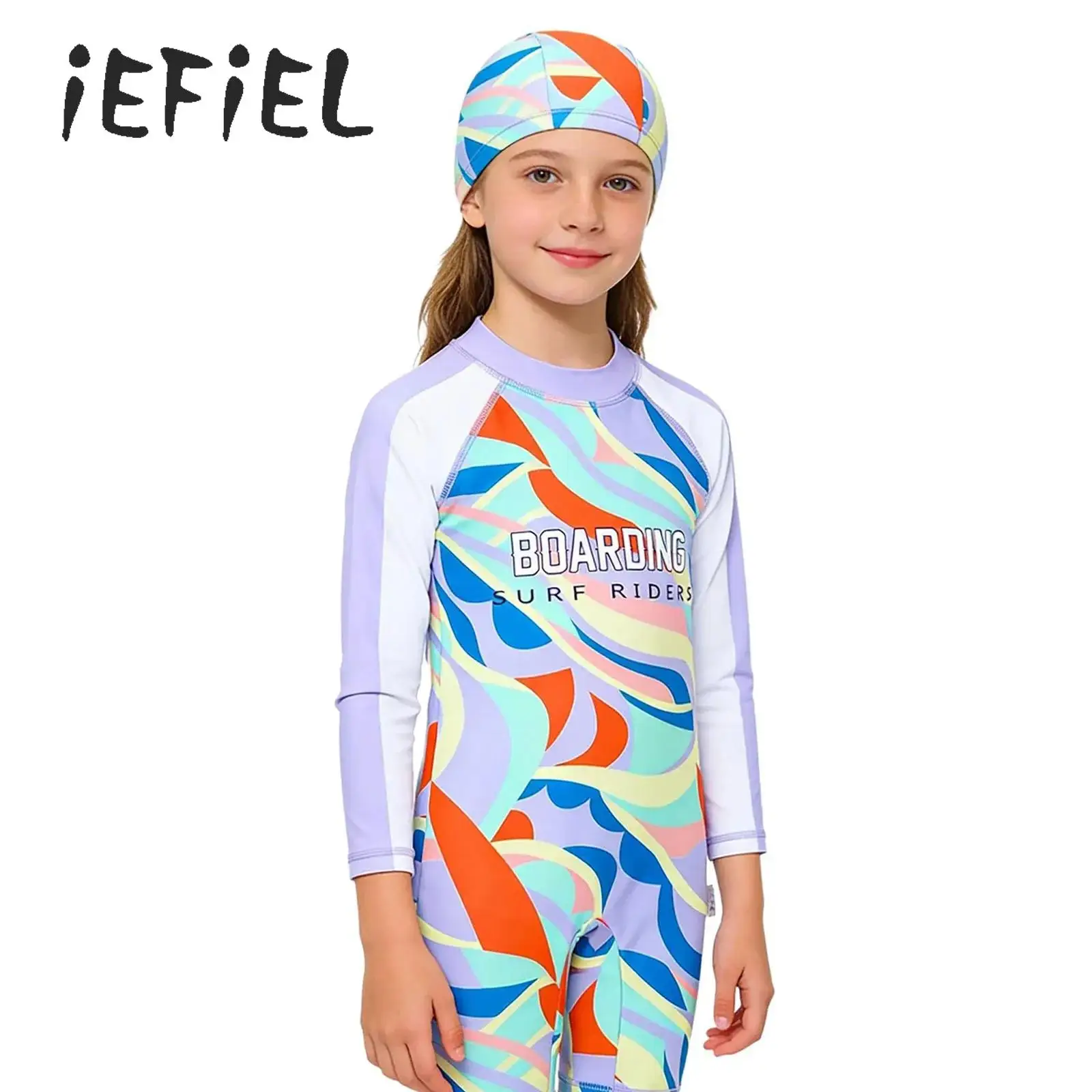 

Girls 2 Pieces Athletic Swimsuit Set Long-sleeve Sun-protection Quick-dry Shorty One-piece Swimsuit with Swim Cap Diving Suit