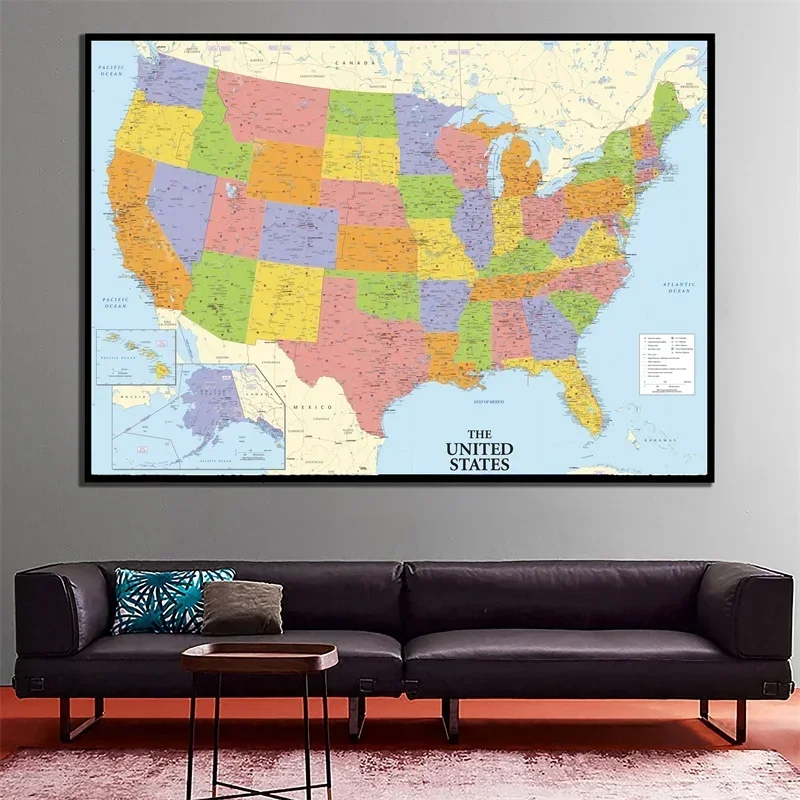 Mapa sin marco impreso en lienzo fino tamaño A2 de los Estados Unidos, rollo empaquetado, decoración de pared, mapa americano para decoración del hogar y la Oficina