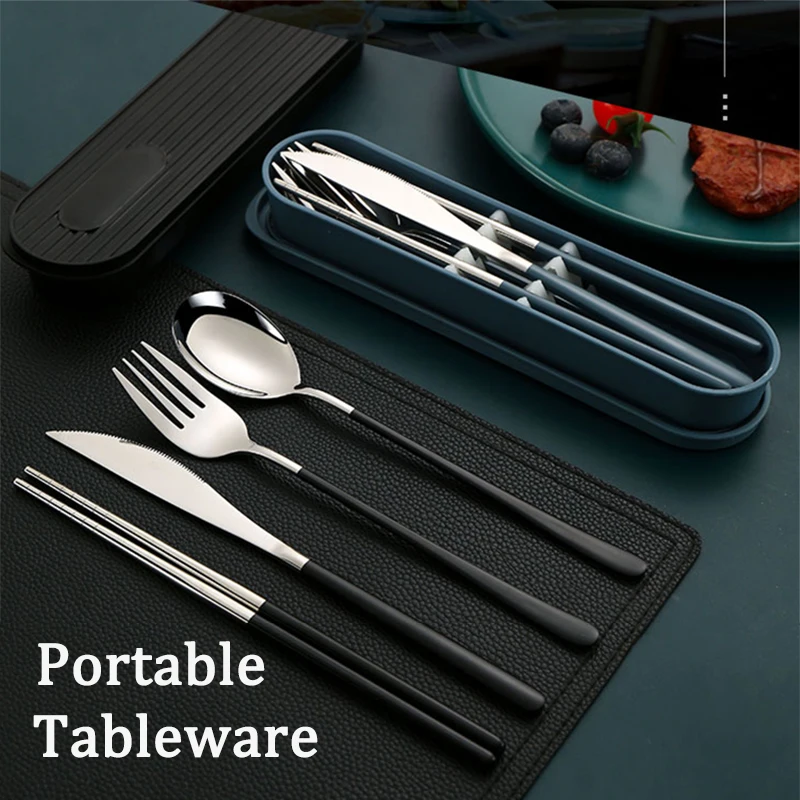 

Portable Tableware Set Stainless Steel Travel Dinnerware Knife Fork Spoon Chopsticks Flatware Case Camping Picnic Cutlery Set