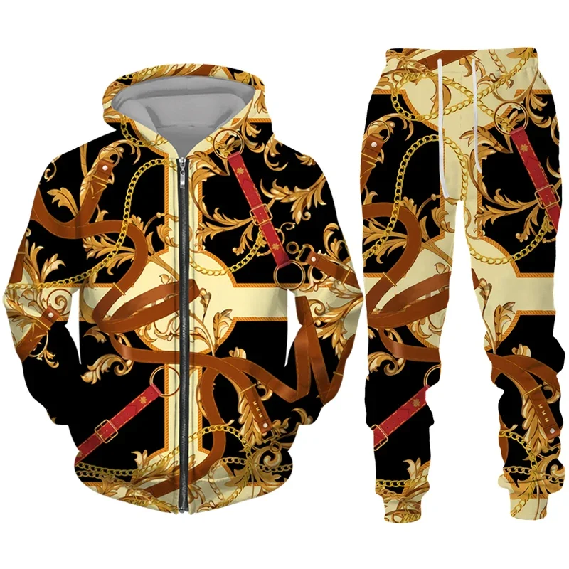 Men Zipper Tracksuit Set Luxury Golden Pattern 3D Printed Casual Hoodie+Pants 2pcs Sets Oversized Sweatshirt Fashion Men Clothes