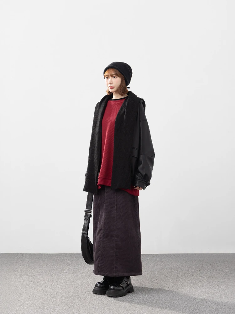 

Queenop Autumn Winter New Women's Clothing Patchwork Design Straight Corduroy Long Skirt ey Casual Warm Cotton Skirt