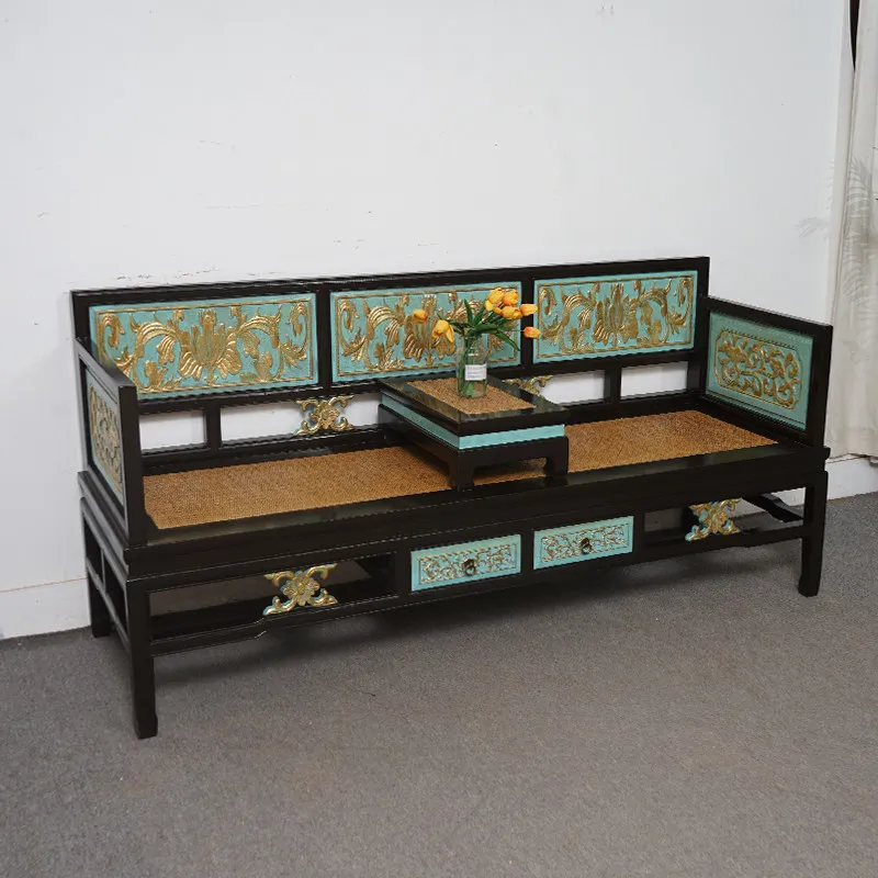 YJQ New Chinese Style Antique-style Solid Wood Gold-Painted Carved Concubine Bed Solid Wood Sofa Bed Dual-use Small Apartment