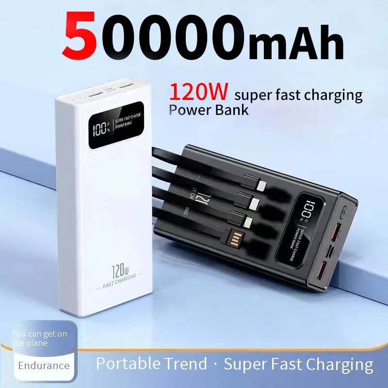 

50000mAh 120W Power Bank Fast Charging Powerbank Portable With 4 Wire Battery High Capacity Digital Display Power Bank Xiaomi