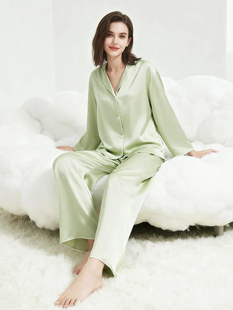 19 Momme 100 Real Mulberry Silk Cardigan Pajama Set Solid Color Women's Long Sleeve Pants Pajamas Loose Loungewear Sleepwear PJs