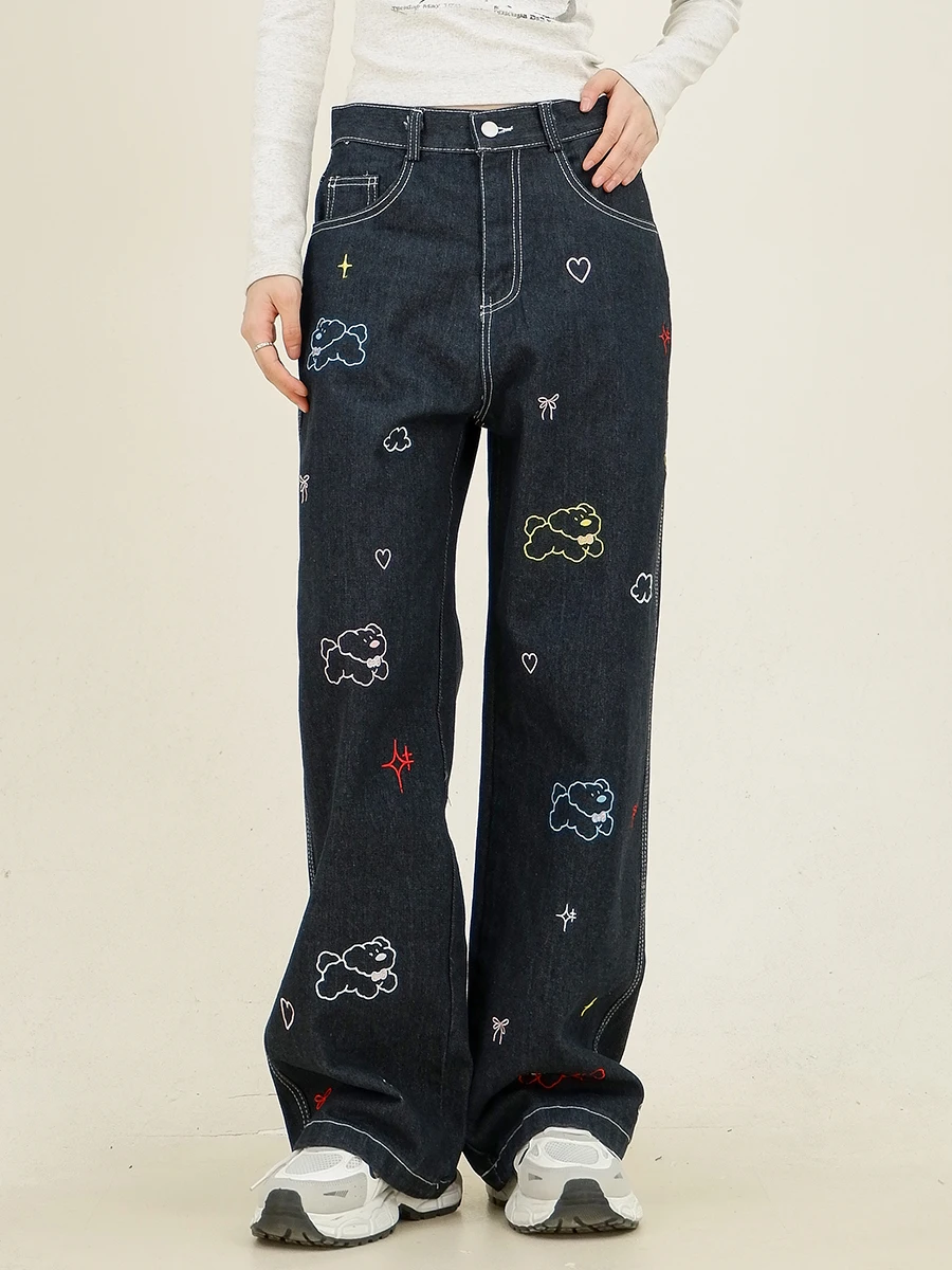 Puppy Embroidered Jeans Women's 2024 Autumn New Loose Bf American Sweet Cool Wide Legs