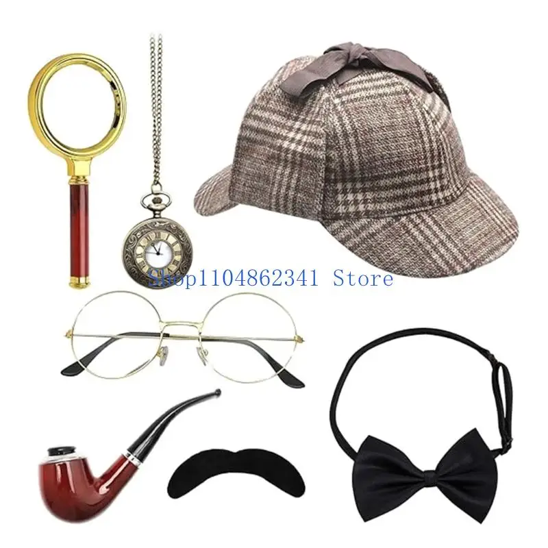 5asd 7 ชิ้นนักสืบเครื่องแต่งกายอุปกรณ์เสริมผู้ใหญ่นักสืบหมวก Inspector เครื่องแต่งกายชุดสำหรับ Masquerades