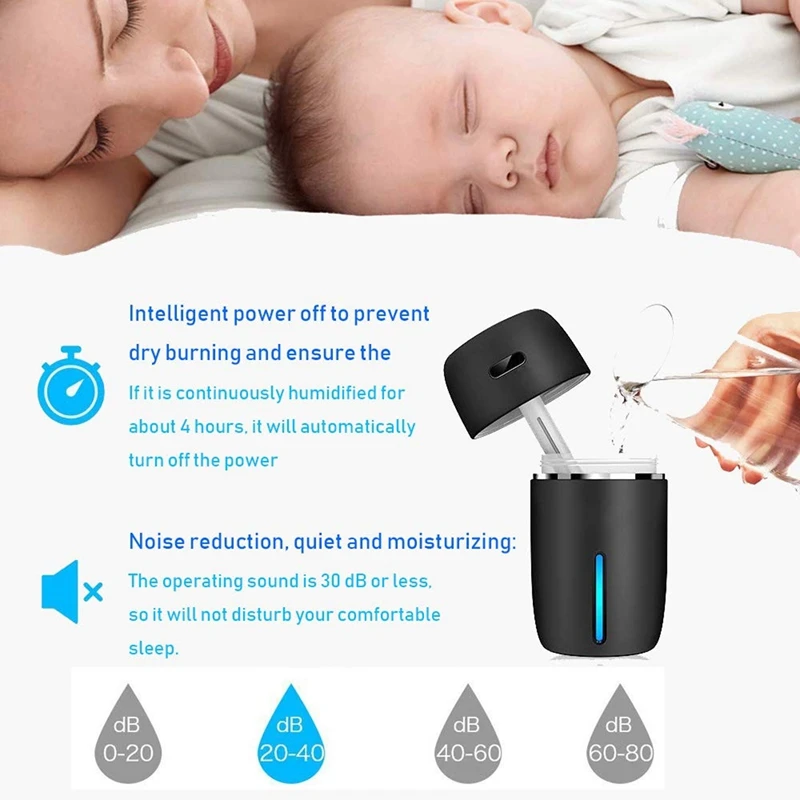 Humidificador portátil con USB para coche, minihumidificador de 200Ml con luz LED nocturna de 7 colores, modos de niebla ajustables y silenciosos para viajes