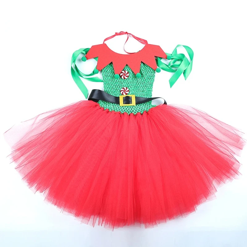 Christmas Elves Princess Dresses for Girls Red Green Xmas Holiday Costumes Kids New Year Ballet Tutus Children Carnival Outfits