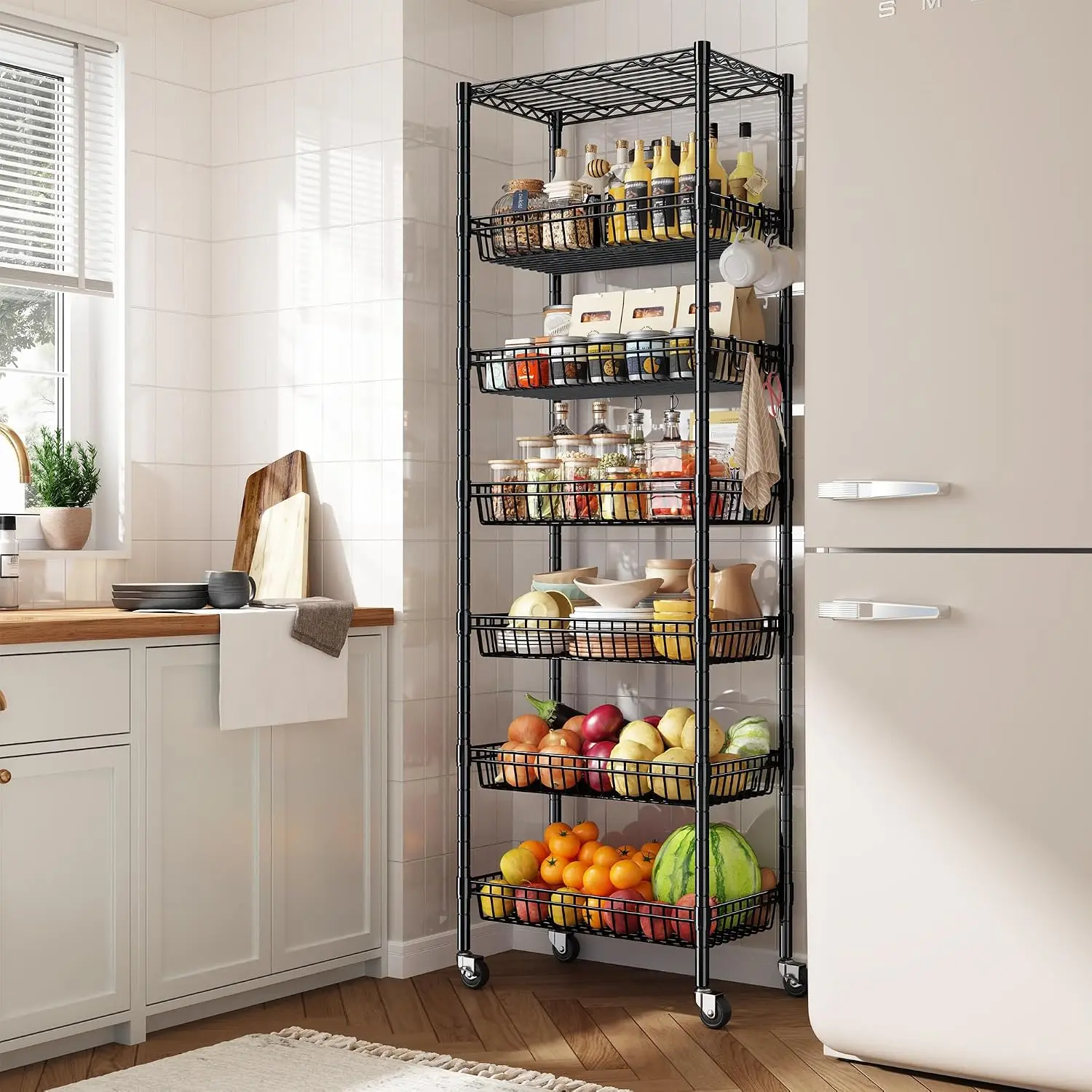 7 Tier Wire Basket Shelving Unit Heavy Duty Metal Frame Rolling Storage Rack Locking Wheels Waterproof Rust Proof Pantry Kitchen Bathroom Closet Organizer Black 4 Hooks