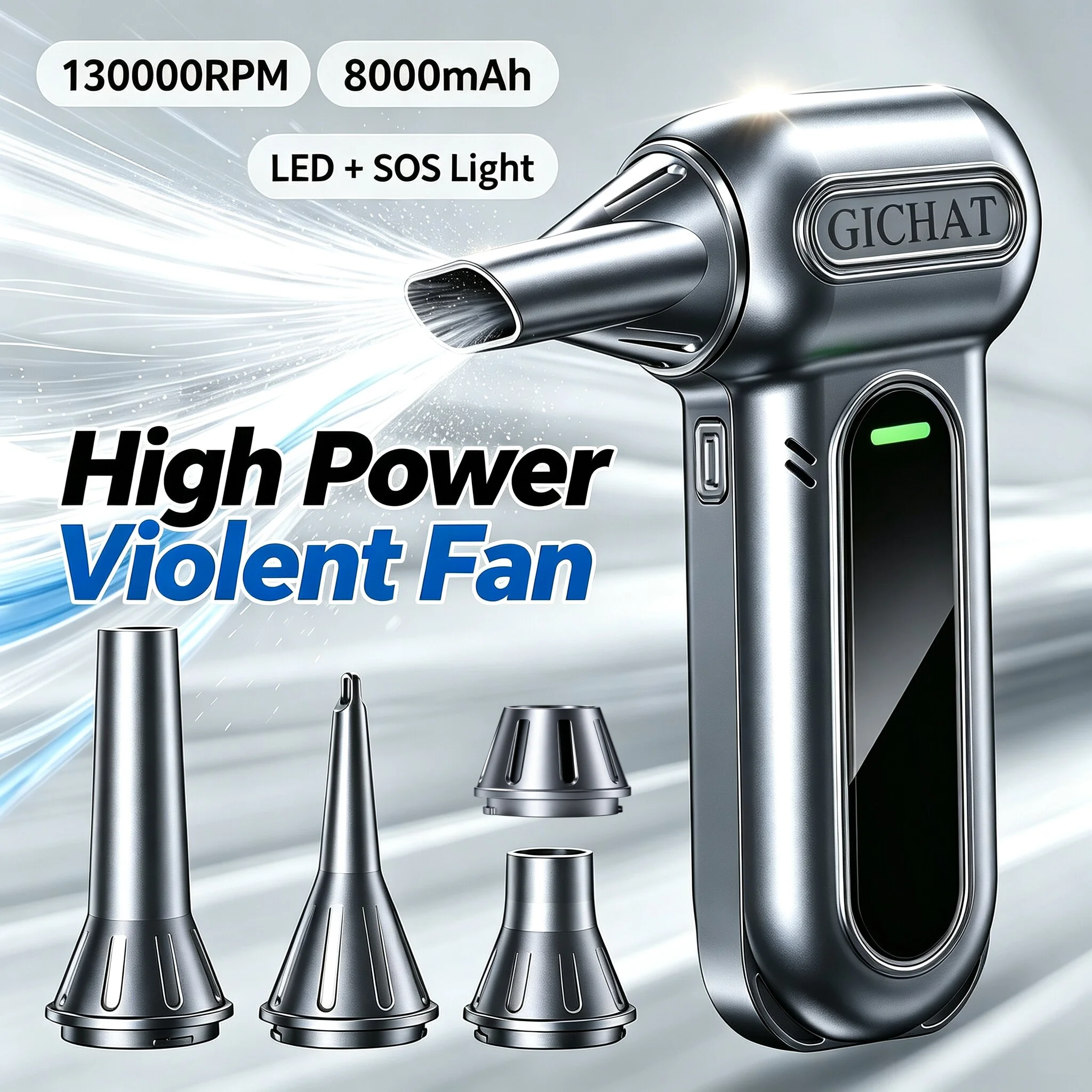 GICHAT 130000RPM Turbo Jet Fan With LED Night Light / SOS Light Brushless Blower Powerful Electric Air Blower Vacuum Dust Cleaner Violent Fan 8000mAh Portable Air Puissant Tool Removal Dryer For Car