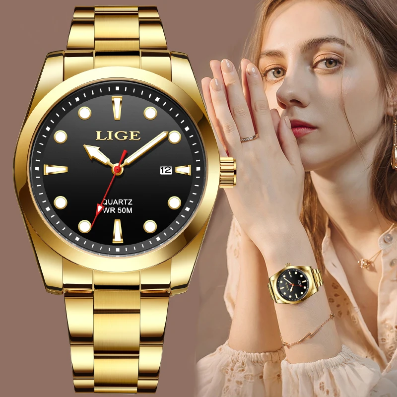 LIGE Fashion Gold Women Watches Stainless Steel Waterproof Quartz Watch Women Casual Sport Luminous Watch For Women Reloj Mujer