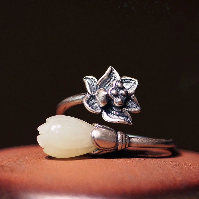 Natural Hetian Magnolia Flower lotus Opening Adjustable Ring Chinese Style Retro Bohemian elegant charm silver jewelry