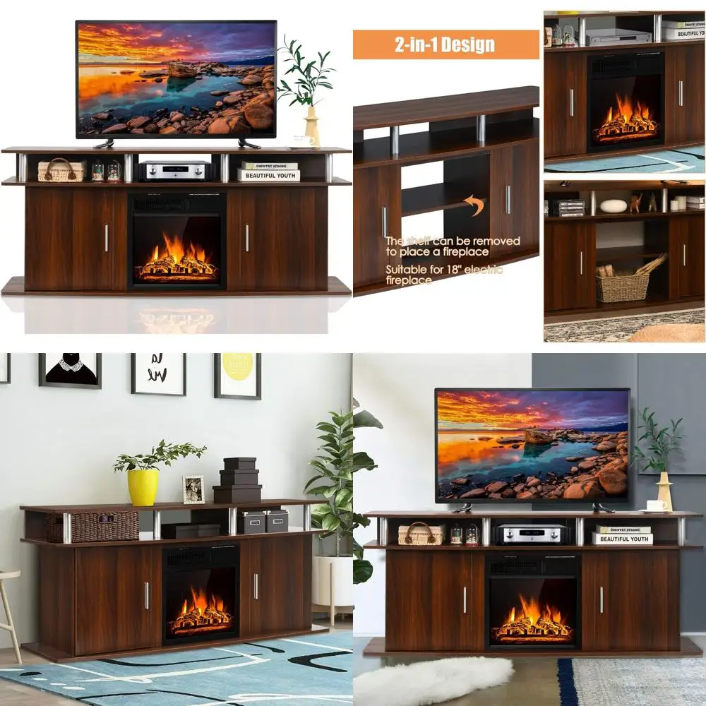 

Modern 70 TV Stand with 1500W Electric Fireplace, Living Room Media Console for Entertainment