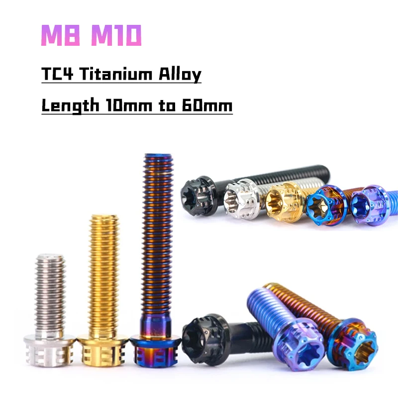 1Pcs TC4 Titanium Alloy Bolt M8 M10 External Hex Flange Torx Six-Lobe Head Screw For Motorcycle Engine Grade 5 Long 10mm to 60mm