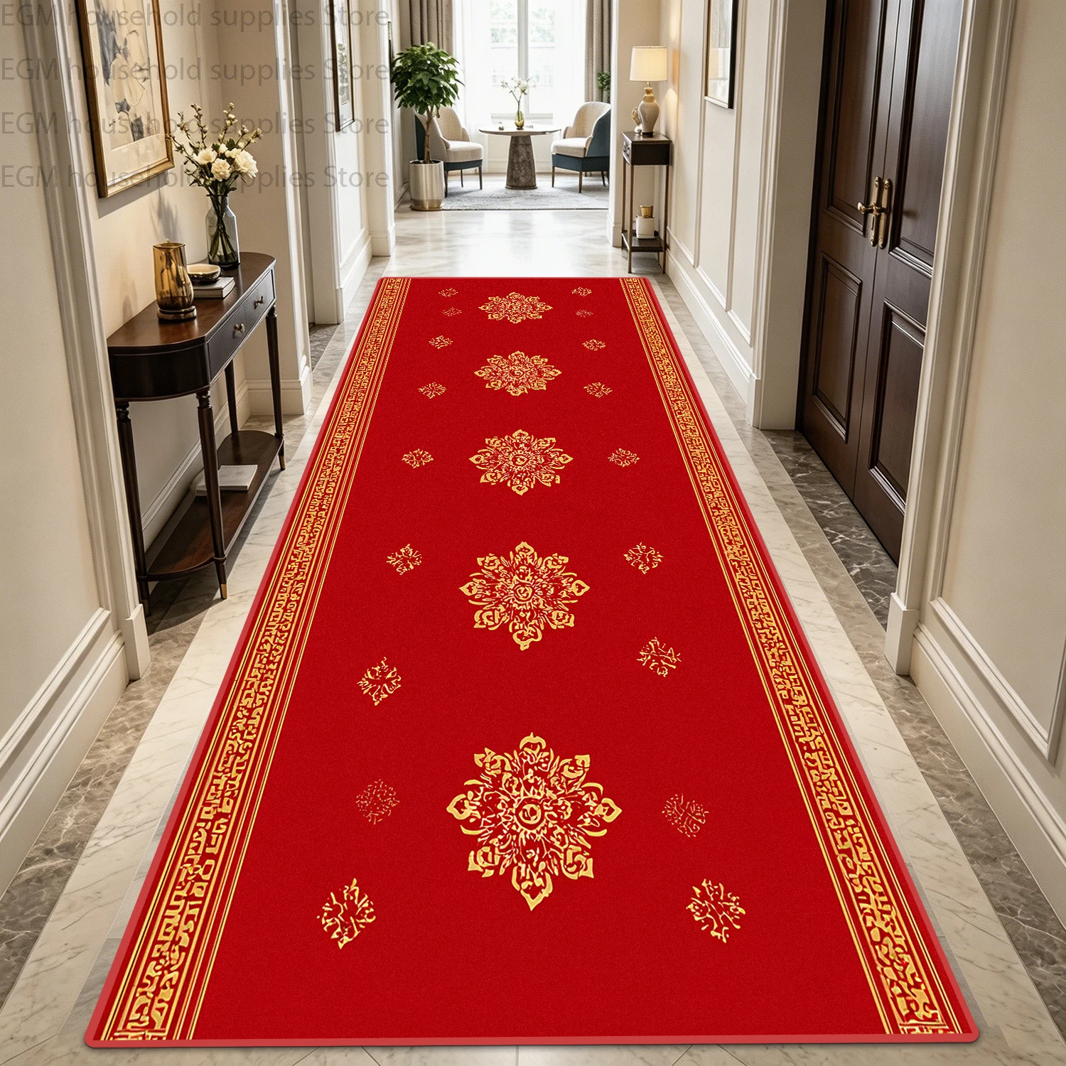 Classical Gold Red Carpet Hallway Decoration Non-slip Washable Long Runner Rug Corridor Stair Doorway Easy Clean Floor Mat Store view 3