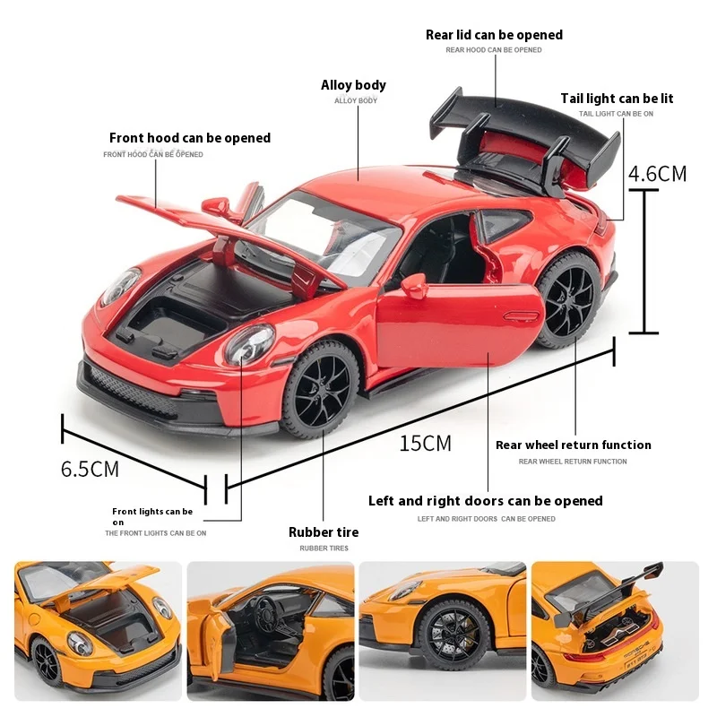 

1/32 Scale 911 Gt3 Sports Car Model Toy Alloy Body Rubber Tires Doors Opened Supercar Models Sound Light Pull Back Gifts for Kid