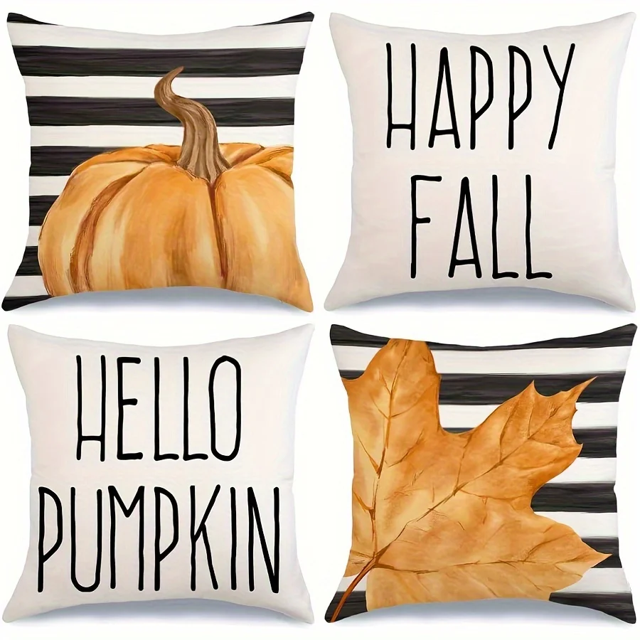 Set of 4 Autumn Fall Pumpkin Leaf Pillow Covers Throw Cases Rustic Farmhouse Halloween Decor Seasonal Home Accent Gift