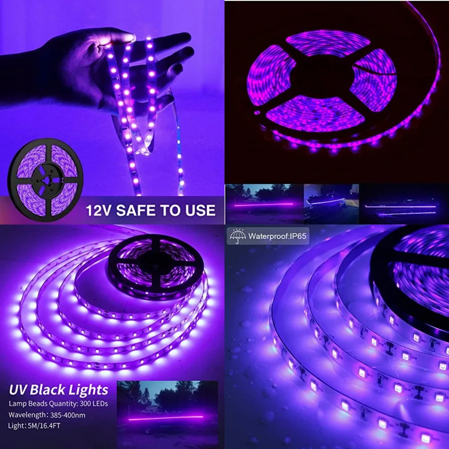 

12V 16.4FT Marine Boat Ultra Violet UV Black Light LED Lights Strip, Night Fishing Lights, 5050 LED Waterproof UV Led Strip wit