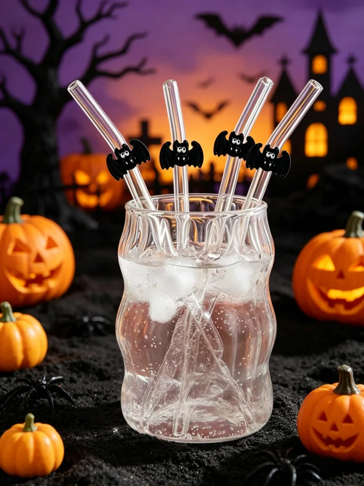 1/5PCS Halloween Glass Straw with Bat Decor, Spooky Table Ornament for Hot Cold Drinks & Themed Parties
