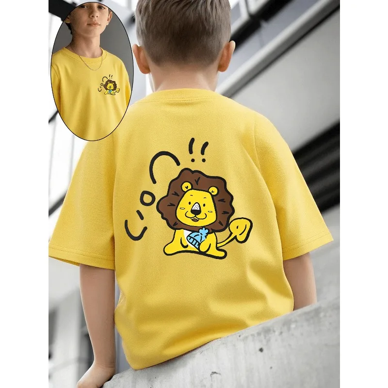 Cute Lion Hugging Blue Fish Pattern Casual Street Style Summer Printed Children's Cotton Clothing Suitable for Parent-child