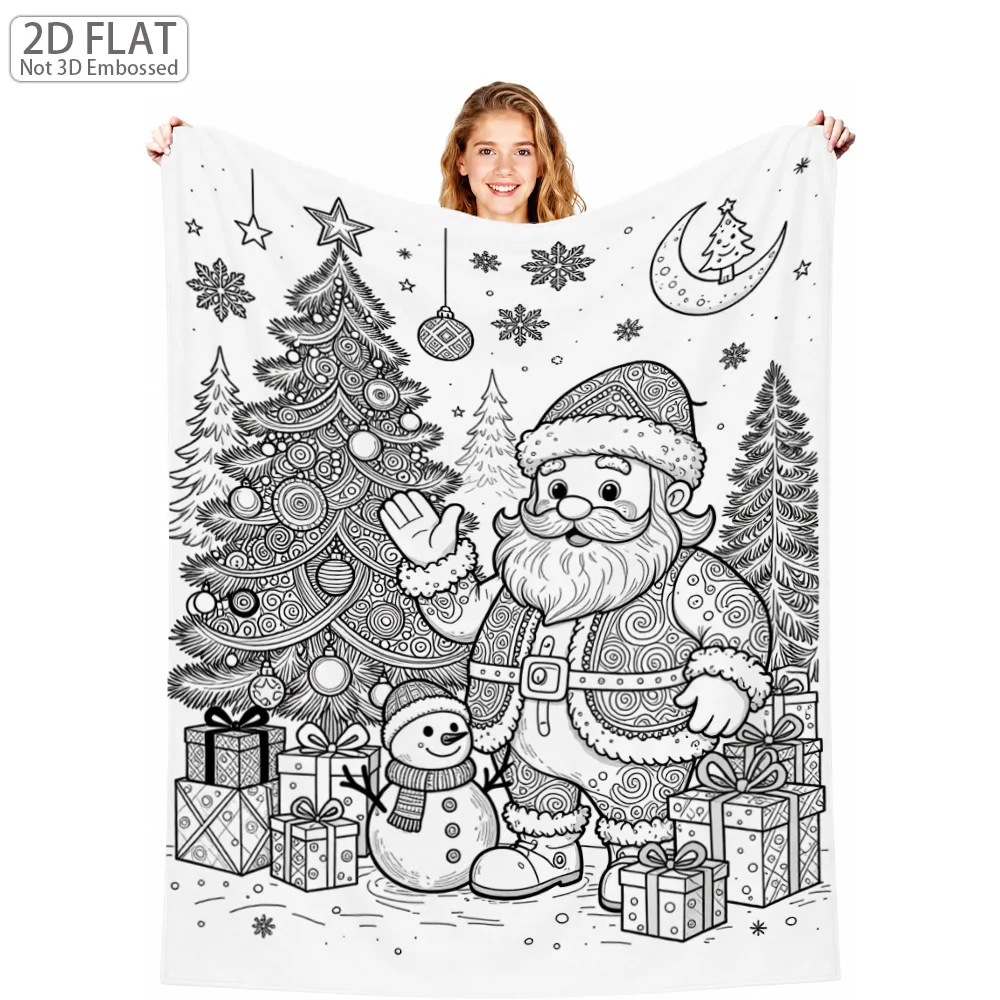 1pc 2D Flat Christmas Coloring Fleece Blanket, Santa Central, with Mandala Tree, Snowman, Gift Box, Snowflake, Bauble, Moon